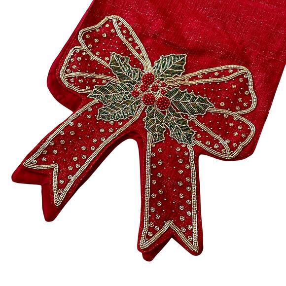 TAHARI Beaded Bow Table Runner 16x90 Christmas Holiday Red Holly Berry New - Picture 7 of 12